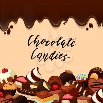 Vector background with place for text, cartoon candies and chocolate streaks. Sweet candy chocolate dessert, food cake tasty illustration