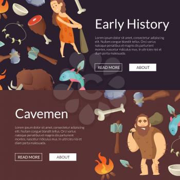 Vector color cartoon cavemen horizontal web banners and poster stone age illustration