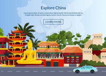 Vector flat style china elements and sights background illustration with place for text. Architecture china building, pagoda chinese