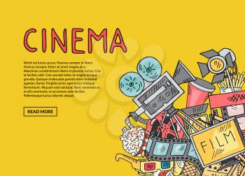 Vector cinema doodle icons on yellow background with place for text illustration
