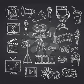 Vector cinema doodle icons on black chalkboard illustration. Film entertainment drawing, media cinematography