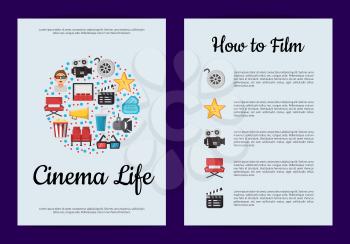 Vector flat cinema icons of set on card or flyer template illustration