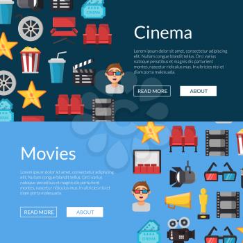 Vector flat cinema colored icons pop corn and camera web banner templates illustration