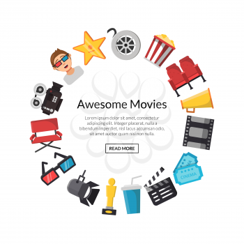 Vector flat cinema icons in circle shape with place for text illustration