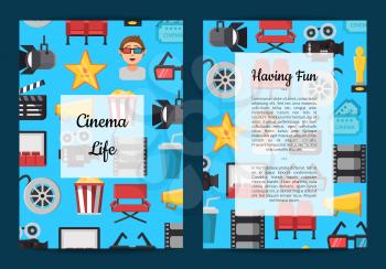 Vector flat cinema icons card or flyer template with colored pattern illustration