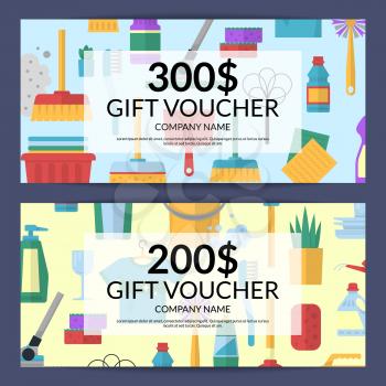 Vector cleaning flat icons discount or gift card voucher templates illustration. Gift voucher for cleaning