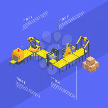Poster with vector isometric conveyor elements infographics production data info illustration