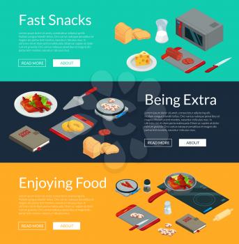 Vector cooking food isometric objects horizontal web banners poster illustration