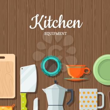 Vector kitchen utensils flat icons on wooden texture background with place for text illustration