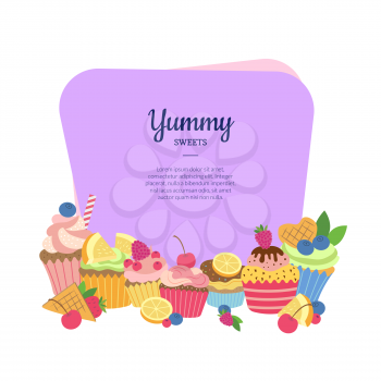 Vector cute cartoon muffins or cupcakes below frame with place for text illustration