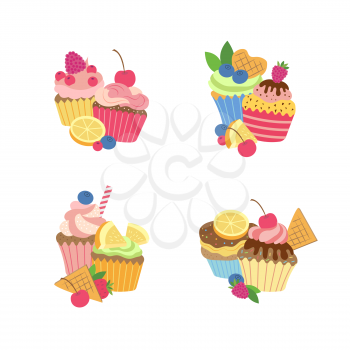 Vector cute cartoon muffins or cupcakes piles set isolated on white background illustration