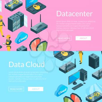 Web poster vector electronic system of data center icons web banner templates illustration