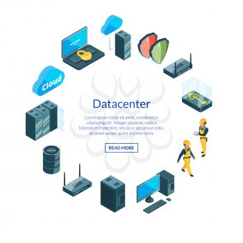 Vector electronic system of data center icons in circle shape with place for text illustration