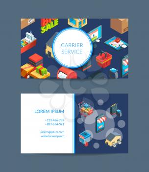 Vector isometric shipping and delivery business card template illustration isolated