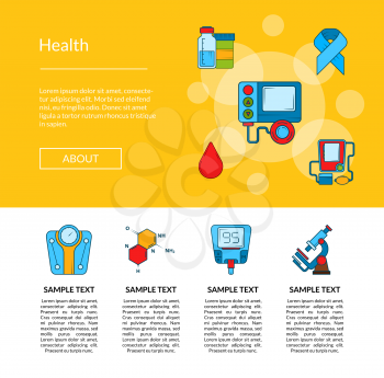 Vector colored diabetes icons landing page template illustration for web site and poster