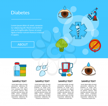 Vector colored diabetes icons landing page template illustration. Banner and poster for internet site