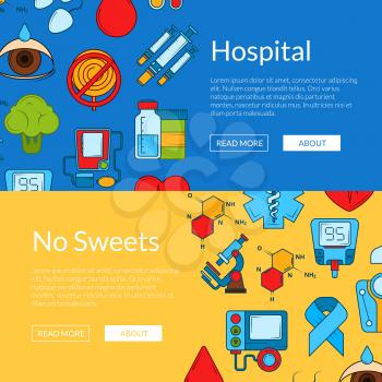 Vector colored diabetes icons web banner templates illustration. Color poster for hospital