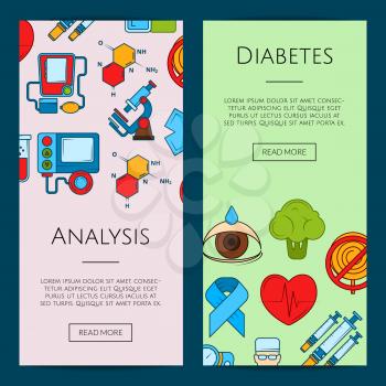 Vector colored diabetes icons web banner templates illustration. Poster analysis color