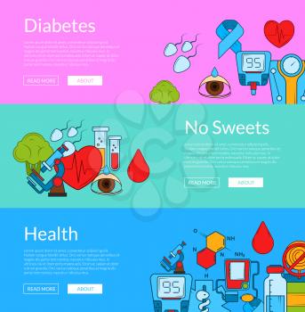 Vector colored diabetes icons web banner templates illustration. Horizontal poster collection
