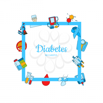 Vector colored diabetes icons flying around frame with place for text illustration