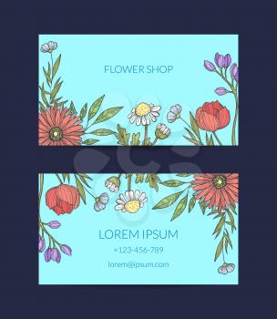 Vector hand drawn flowers business card template illustration for shop or floral studio