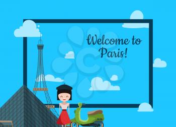 Paris background. Vector cartoon France sights and objects background with place for text illustration