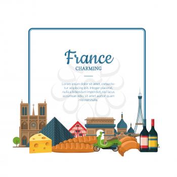 Vector cartoon France sights and objects below frame with place for text illustration. Paris text frame