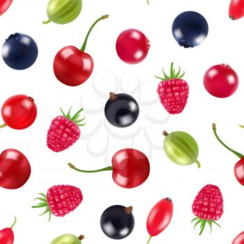Vector realistic fruits and berries pattern or background illustration. Fruit fresh strawberry and blackberry pattern