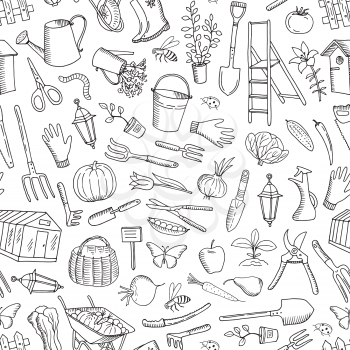 Vector gardening doodle icons background or pattern illustration. Garden doodle sketch drawing, hand drawn wheelbarrow