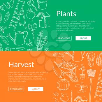 Vector gardening doodle icons horizontal web banners or poster illustration