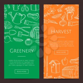 Vector gardening doodle icons vertical web banners and poster illustration