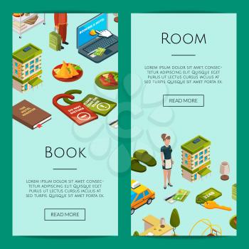 Vector isometric hotel icons web banner templates and colored poster illustration