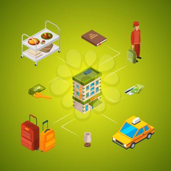 Vector isometric hotel icons infographic concept illustration. Building and service room, taxi and registry