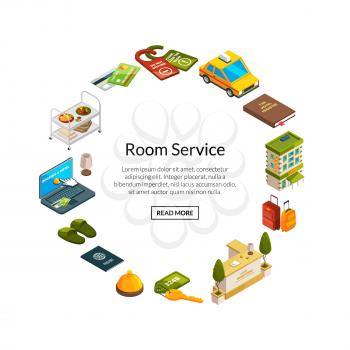 Vector isometric hotel icons in circle shape with place for text illustration