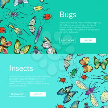Vector hand drawn insects web banner templates illustration. Website page and poster