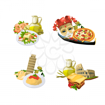 Vector cartoon italian cuisine elements piles set isolated on white background illustration