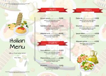 Vector cartoon italian cuisine cafe or restaurant menu template illustration. Restaurant menu banner with meal food