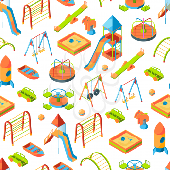 Vector isometric playground objects background or pattern illustration. Swing outdoor, recreation carousel