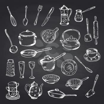 Vector set of hand drawn kitchen utensils on black chalkboard illustration. Chalk board sketch, cooking utensil