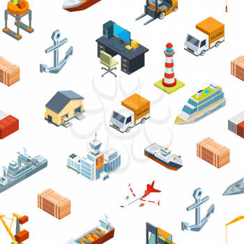 Vector isometric marine logistics and seaport pattern or background illustration. Transportation seaport, freight container