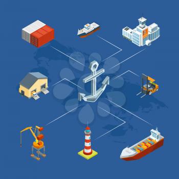 Vector isometric marine logistics and seaport info graphic chart concept illustration isolated