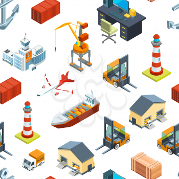 Vector isometric marine and sea port colored icons pattern background