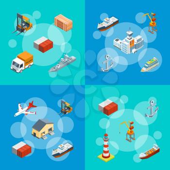 Vector isometric marine logistics and seaport concept banner web poster set illustration