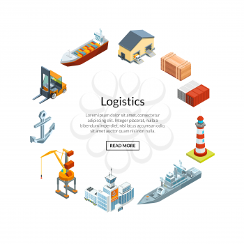 Vector isometric marine logistics and seaport in circle shape with place for text illustration