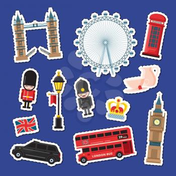 Vector colored cartoon London sights and objects stickers of set illustration. England attractions banners