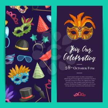 Vector party invitation template with masks and party accessories. Banner carnival party, masquerade event venetian illustration