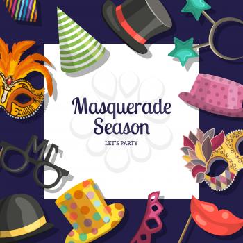 Vector background with place for text with masks and party accessories. Illustration of masquerade fashion, celebration carnival birthday
