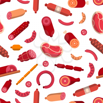 Vector flat meat and sausages icons pattern or background illustration. Seamless pattern sausage and meat food, sirloin and salami