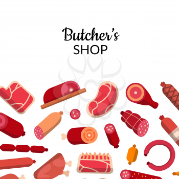 Vector flat meat and sausages icons background with place for text illustration for website page