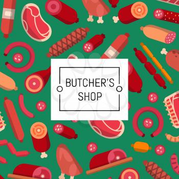 Vector flat meat and sausages icons background with place for text illustration